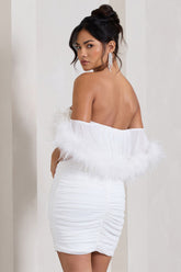 White Sweetheart Mini Dress With Chiffon Feather Sleeves